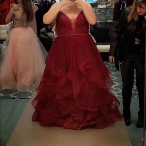 maroon prom dress, corset back.